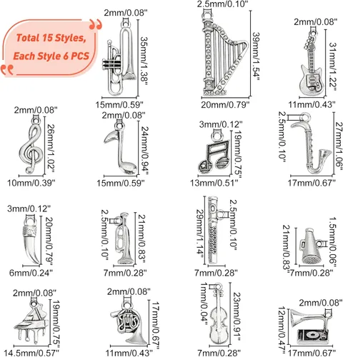 Miniatura 3 de PH PandaHall 90 dijes musicales de 15 estilos, notas de instrumentos musicales tibetanos, símbolos, dijes para piano violín, elementos musicales