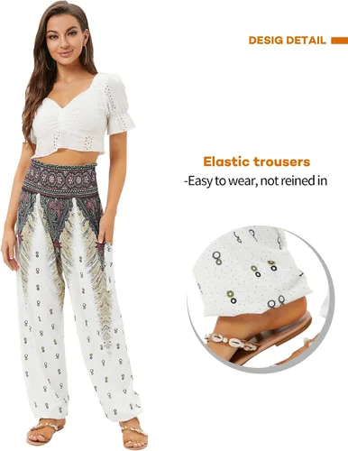 Miniatura 3 de QIANXIZHAN - Pantalones deportivos de tiro alto para mujer, diseño estilo harén bohemio con bolsillos, para yoga