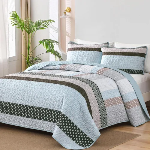 Miniatura 15 de WONGS BEDDING Juego de edredón beige tamaño individual, juego de edredón de rayas bohemias de 3 piezas, juego de colcha acolchada de microfibra