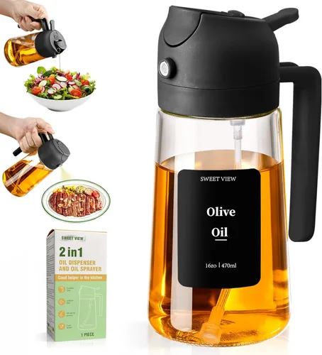 Miniatura 9 de SWEET VIEW 2 piezas Pulverizador de aceite de oliva para cocinar, botella de vidrio de 470 ml 2 en 1 para rociar y verter para cocina, freidora