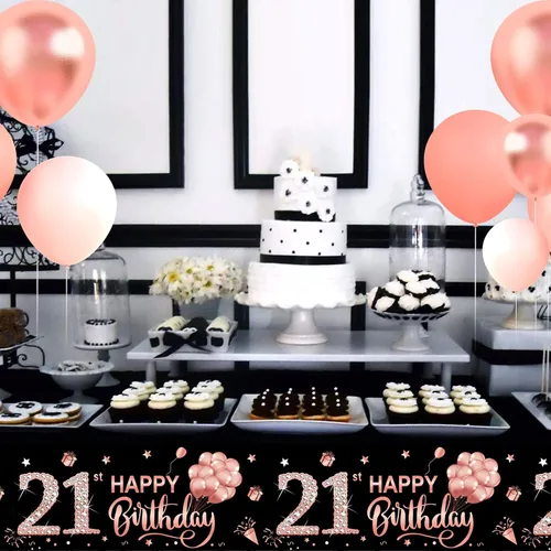 Miniatura 6 de Paquete de 3 manteles de color oro rosa para cumpleaños número 21 para mujeres y niñas, mantel temático de feliz cumpleaños 21, suministros