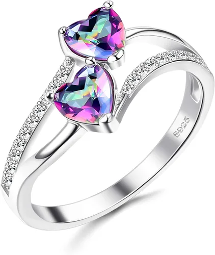 Milacolato Anillo de compromiso de plata de ley 925 para ella 2 encantadores corazones piedras natales bañados en oro blanco joyería tamaño 5-9