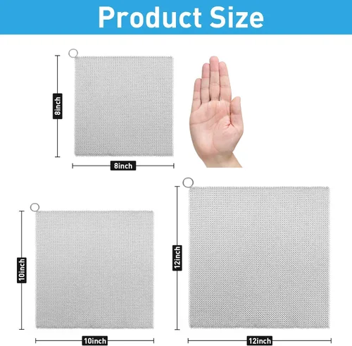 Miniatura 6 de Limpiador de Hierro Fundido - XXL 30x30 cm Actualizado Círculo Delgado y Pequeño de 3.8mm de Diámetro, Estropajo de Cadena de Acero Inoxidable 316L