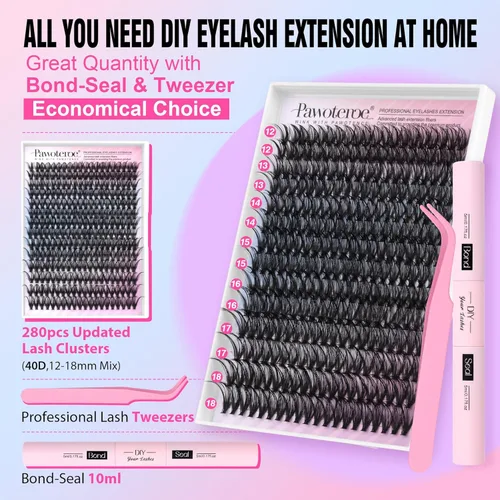 Miniatura 2 de Kit de extensión de pestañas Pawotence DIY 40D 12-18mm, 280 unidades, kit de extensiones de pestañas en racimo con adhesivo y sello, pinzas