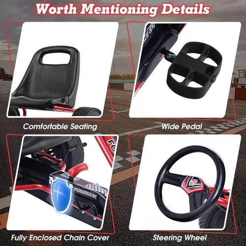 Miniatura 5 de HONEY JOY Go Kart para niños, 4 ruedas con pedal todoterreno cuádruple a pie con volantes y asiento ajustable, 2 frenos de seguridad, neumáticos Rojo