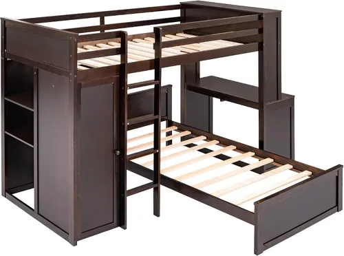 Miniatura 5 de Cama tipo loft multifuncional de tamaño individual con una cama y escritorio independientes, cama tipo loft de madera maciza con estantes y armario