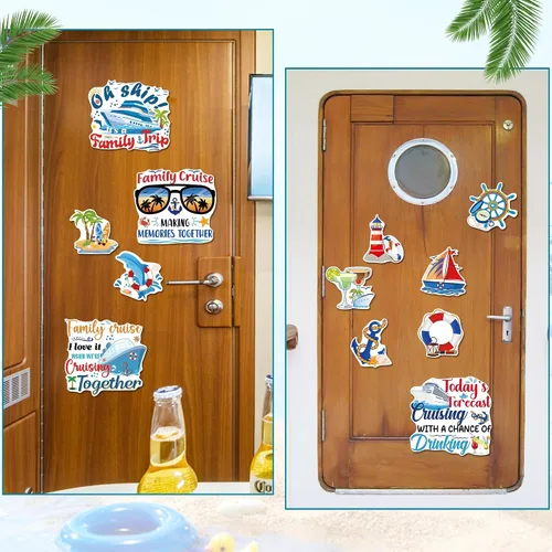 Miniatura 5 de Decoraciones magnéticas para puerta de crucero, 12 piezas de imanes náuticos tropicales familiares para crucero, divertidos letreros magnéticos
