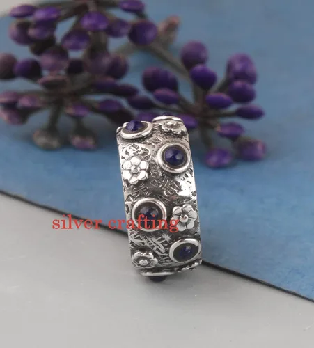 Miniatura 4 de Anillo redondo de lapislázuli hecho a mano, joyería de plata de lapislázuli para mujer, anillo de plata de piedra azul