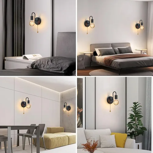 Miniatura 6 de Aplique de Pared Negro con Cadena de Tirar con Interruptor Luces de Pared Vintage E26 Lámpara de Pared Industrial Iluminación de Pared Retro