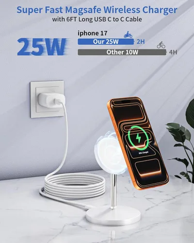 Miniatura 2 de Soporte de cargador inalámbrico magnético, cargador rápido de 25 W, soporte para iPhone, estación de carga inalámbrica con imán de 6 pies