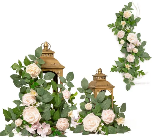 Miniatura 13 de Ling's moment Paquete de 6 guirnaldas de flores artificiales de 2 pies, farol negro y burdeos, centros de mesa de flores, decoración de pasillo