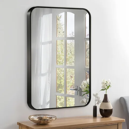 Miniatura 8 de Espejo de pared negro de 20 x 30 pulgadas para baño, espejo con marco de metal cepillado con esquina redondeada, espejo rectangular de tocador