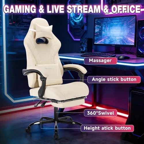 Miniatura 5 de Silla de juegos con reposapiés y soporte lumbar de masaje, silla ergonómica para videojuegos, sillas de videojuegos de oficina con altura y respaldo