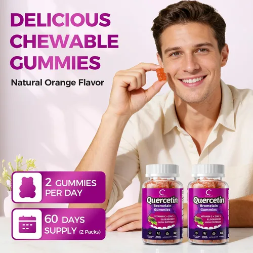 Miniatura 8 de Gomitas de quercetina, quercetina con bromelina, vitamina C, zinc y saúco, apoyo inmunológico de alta potencia, salud respiratoria y suplemento