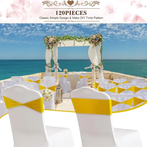 Miniatura 6 de Frienda 120 cintas elásticas de elastano para silla, bandas elásticas para fundas de silla, lazos sin hebilla para bodas, recepciones, eventos, Oro