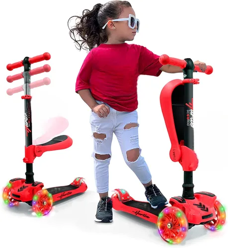 Hurtle Patinete de 3 ruedas para niños, luces LED de ruedas, manubrio ajustable de inclinación para dirigir y asiento plegable, paseo sentado o de