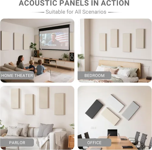 Miniatura 6 de Paquete de 4 paneles acústicos de núcleo de alta densidad con cubierta de tela, 24 x 12 x 2 pulgadas, paneles de pared autoadhesivos insonorizados