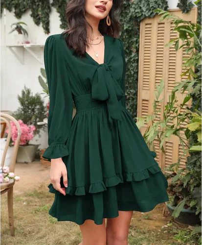 Miniatura 5 de EXLURA - Mini vestido acampanado, con cuello en V, de manga globo larga, floral, con capas, volantes, cintura elástica y para anudar por delante