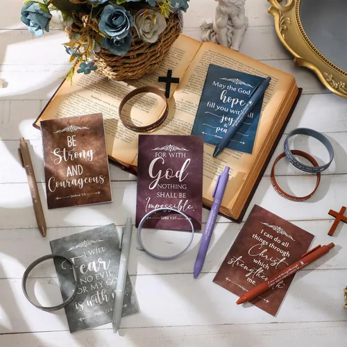 Miniatura 6 de Gueevin Juego de regalo cristiano a granel, bloc de notas con versículos bíblicos, mini pulsera de silicona inspiradora para hombre de Dios