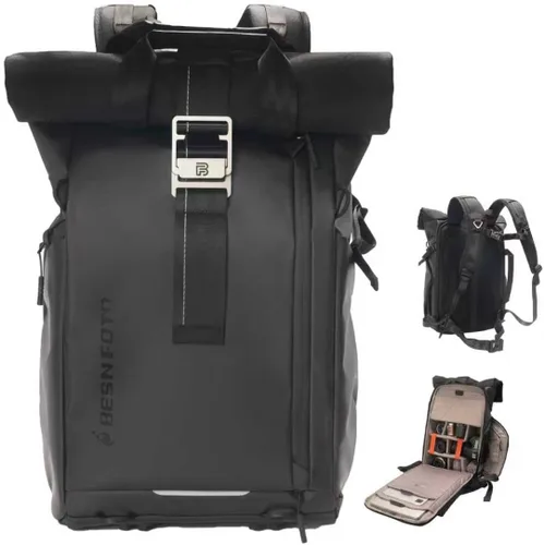 Miniatura 7 de Mochila impermeable para cámara Besnfoto, bolsa de fotografía con tapa enrollable para cámara DSLR SLR sin espejo con compartimento para laptop