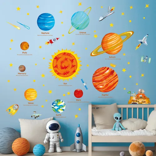 Miniatura 3 de DECOWALL Calcomanías de pared del sistema solar (grande) para guardería de niños, calcomanías de pared del espacio planetas, decoración educativa