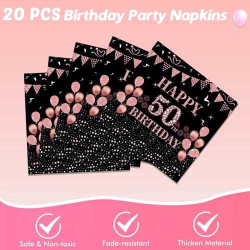 Miniatura 5 de Ryzovo 62 platos y servilletas de papel desechables de 50 cumpleaños, color negro y oro rosa, suministros de fiesta para 20 invitados, incluye 50