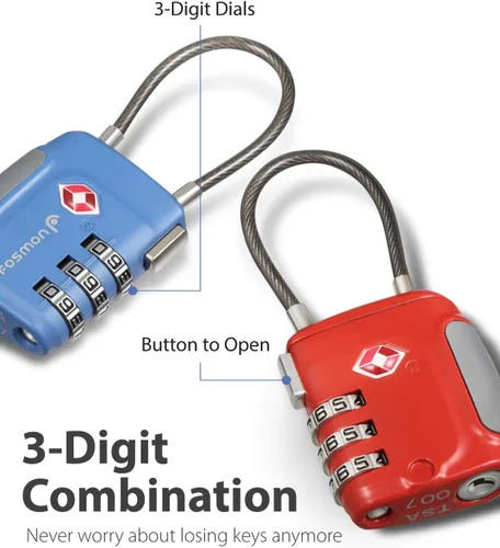 Miniatura 3 de Fosmon TSA - Cerraduras de cable aceptadas para equipaje, (paquete de 2) reconfigurables, fáciles de leer, combinación de 3 dígitos con cuerpo