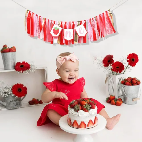 Miniatura 4 de Decoraciones de fiesta de fresa para primer cumpleaños, cartel de fresa para silla de bebé para accesorios de cabina de fotos y telón de fondo