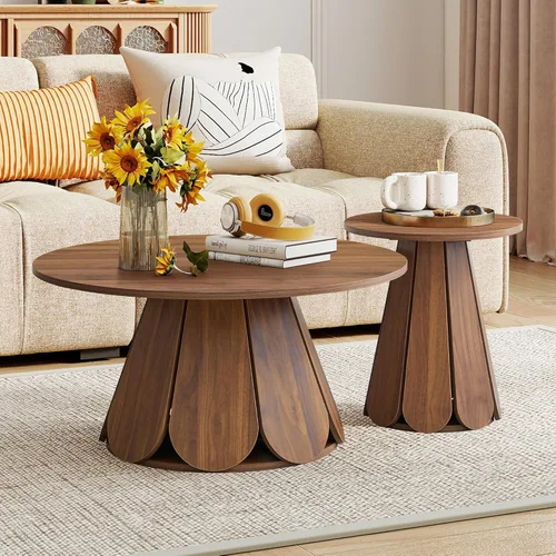 Miniatura 8 de Mesa de centro redonda, moderna mesa central circular de madera con base de pedestal para espacios pequeños, sala de estar, apartamento, nogal