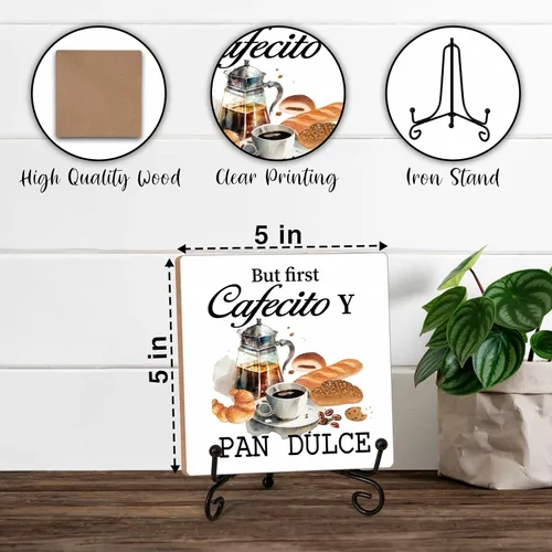 Miniatura 2 de Letrero de barra de café, letrero de madera de cafecito de 5 x 5 pulgadas con soporte de hierro, perfecto para decoración de mesa de oficina