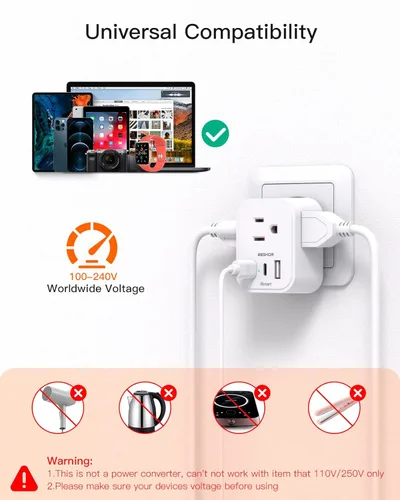 Miniatura 6 de Paquete de 2: adaptador de enchufe de viaje europeo, adaptador de enchufe de alimentación internacional BESHON con 3 tomas, 3 puertos USB (2 USB C)