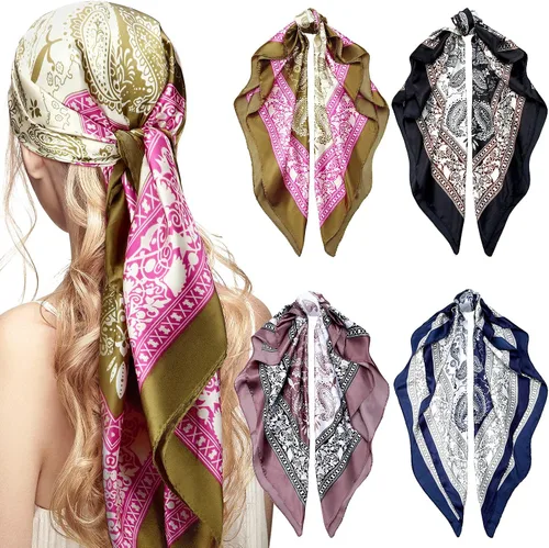Honoson 4 bufandas de satén de 35 pulgadas, grandes, cuadradas, sedosas, diadema de satén bohemio para el cabello, para mujeres y niñas