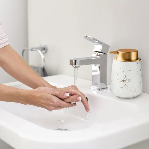 Miniatura 7 de YYW Dispensador de jabón de manos espumoso de mármol, cerámica de 13.5 onzas, dispensador de cabezal de bomba grande lindo para cocina y baño Blanco