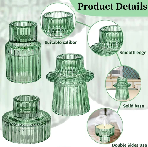 Miniatura 2 de Portavelas de cristal, juego de 3 candelabros verdes, velas cónicas de 3 estilos para todos los eventos formales, centros de mesa, bodas, cenas
