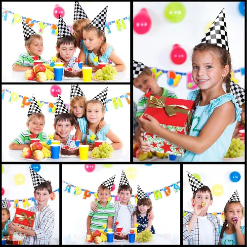 Miniatura 4 de Teling - 30 sombreros de fiesta de cumpleaños a cuadros, color negro y blanco, sombrero de cono de papel, a granel, rápido, un tema, suministros