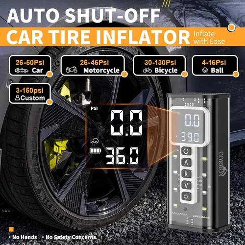 Miniatura 8 de Inflador de neumáticos Corroy Compresor de aire portátil, inflador de neumáticos inalámbrico de 150 PSI con indicador digital y luz LED, bomba