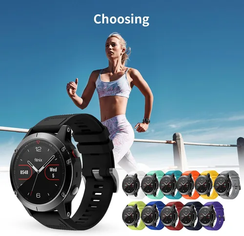 Miniatura 6 de Correa de reloj compatible con Fenix, correa de reloj Garmin de 0.866 in, silicona suave, repuesto para Fenix 5/5 Plus/6/6 Pro/7/Forerunner Negro