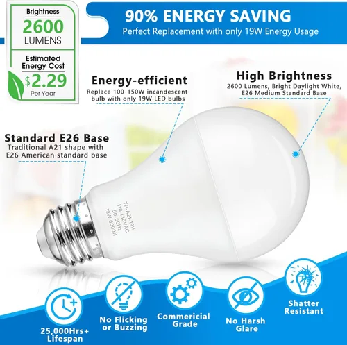 Miniatura 4 de Bombillas LED Maylaywood A21, bombilla LED equivalente a 150 W, luz diurna blanca 5000K, 2600 lm, base E26, no regulable, bombilla LED blanca