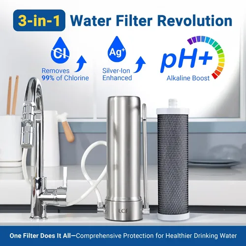 Miniatura 5 de LCF Filtro de agua alcalina de encimera, iones de plata mejorados, filtro de agua de acero inoxidable de 6 etapas para llave de fregadero, reduce