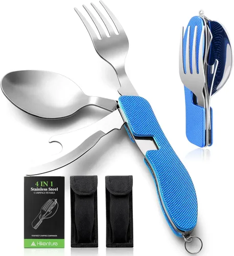 Miniatura 12 de Utensilios para campamento HIKENTURE 4 en 1, juego de tenedor, cuchillo, cuchara y abridor de botellas de acero inoxidable con estuche de Negro