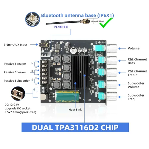 Miniatura 2 de ZK-TB21 50W+50W+100W 2.1 Canal Placa de Amplificador para Vehículos con Control de Agudos y Bajos, Chip Dual TPA3116, DC 12-24V, Entradas Bluetooth
