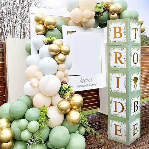 101 piezas de decoración de despedida de soltera de vegetación, cajas de globos doradas, bloques con BRIDE TO BE + GROOM + letras A - Z y 40 globos,