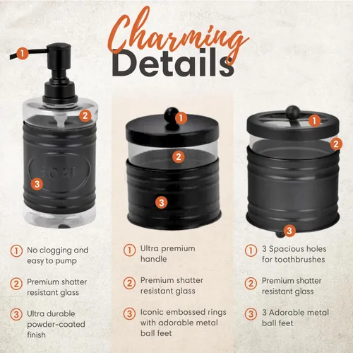 Miniatura 3 de Autumn Alley Farmhouse - Juego de accesorios de baño negro mate (4 piezas) - Dispensador de jabón de loción, juego de soporte para cepillos