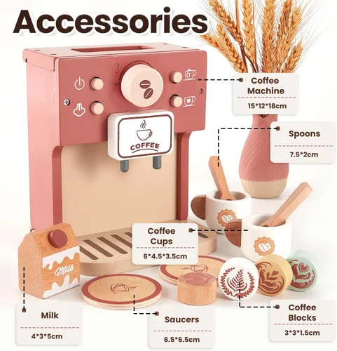 Miniatura 6 de BUYGER Cafetera de juguete para niños, juego de café de madera, juego de juegos de simulación, accesorios de cocina, regalos para niños de 3, 4 y 5