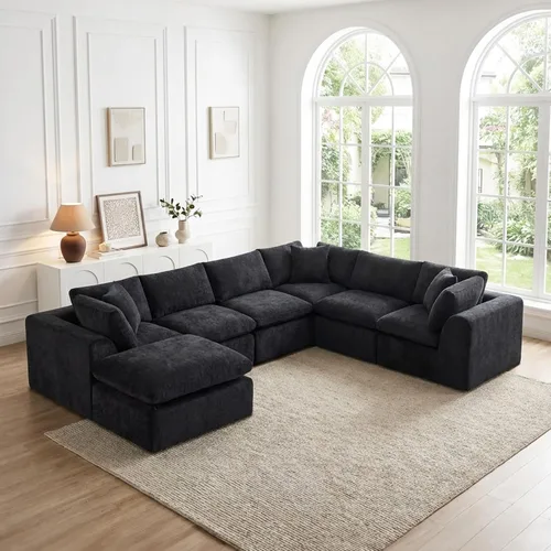 Miniatura 18 de Sofá sin hueso de 140 pulgadas para sala de estar, sofá modular de gran tamaño de 7 plazas con otomana, no requiere montaje, felpilla moderna