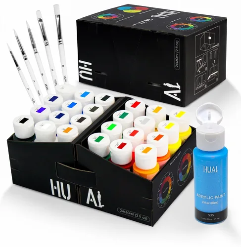 Miniatura 10 de HUAL Juego de pintura acrílica con 5 pinceles, 24 colores (2.0 fl oz, 2 onzas) para artistas, niños, principiantes y pintores