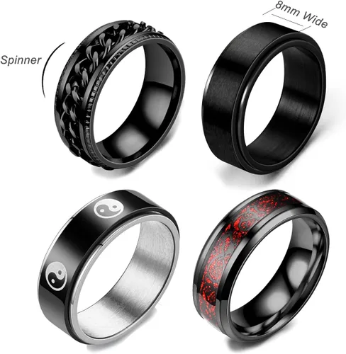 Miniatura 2 de HUXICUI 4-Pcs Wedding Band Ring Set for Men Womens Fidget Spinner Rings for Anxiety Stress Relief Black Engagement Ring Set