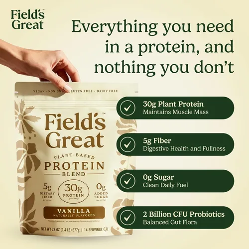Miniatura 2 de Field's Great Batido de proteína de vainilla todo en uno a base de plantas, envejecimiento saludable, 1.06 onzas de proteína, 0.18 onzas de fibra +