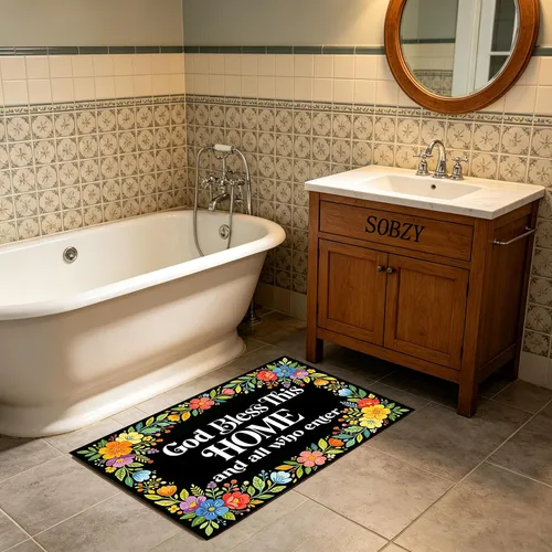 Miniatura 4 de Felpudo con texto en inglés «Bless This Home and All Who Intre», diseño floral de bienvenida, decoración de baño