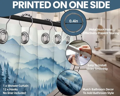 Miniatura 6 de Cortina de ducha azul marino de bosque Cortina de ducha azul oscuro de montaña y naturaleza para decoración de baño de hombres, tela impermeable